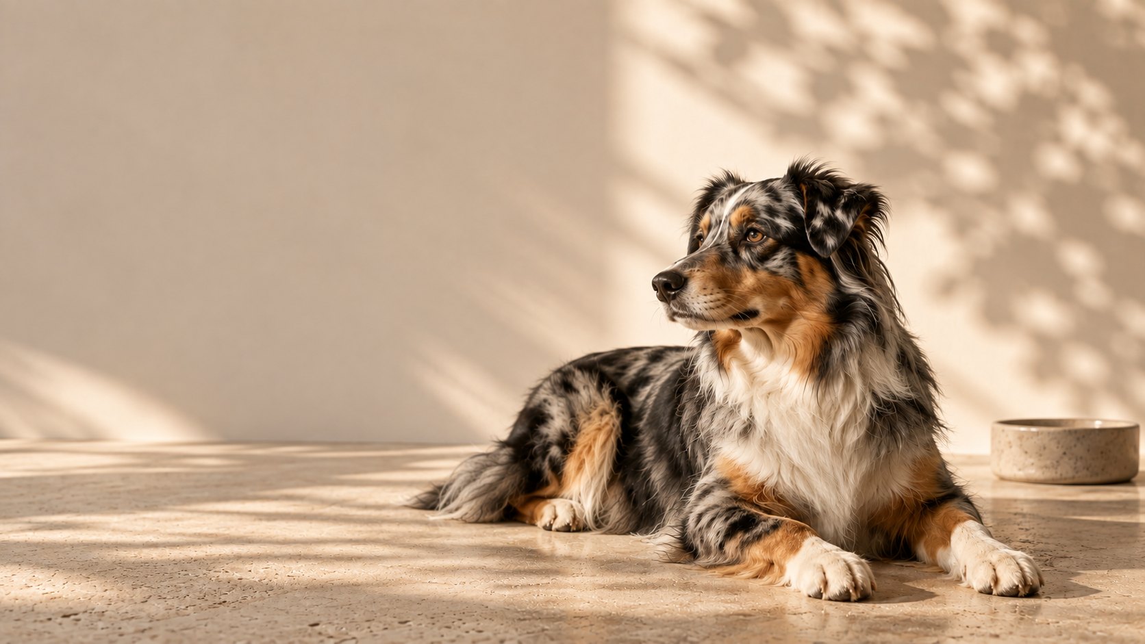 Hund liegt entspannt in warmem Licht neben seinem Napf